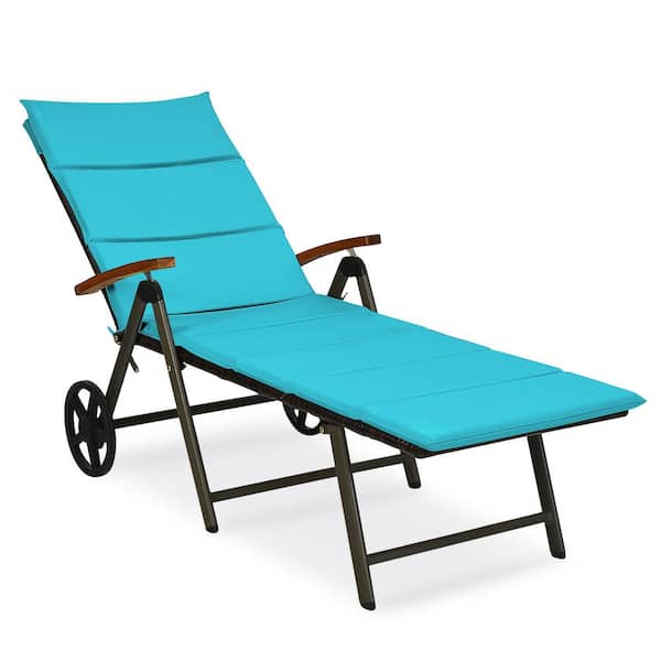 Unbranded One Piece Foldable Wicker Outdoor Chaise Lounge Recliner Chair with Turquoise Cushion And Aluminum Frame