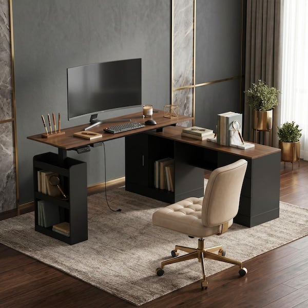 FUFU&GAGA 63 in. W L-Shape Black & Wood Grain Wooden 3-Drawer