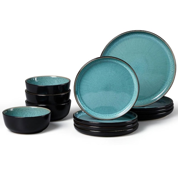 12-Piece Pastel Turquoise Round Porcelain Stoneware Dinnerware Set with Plates and Bowls Service for 4