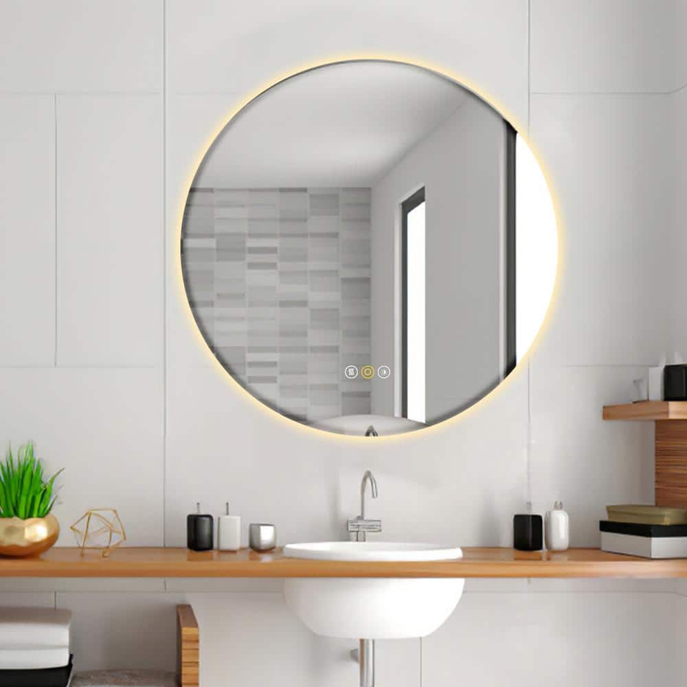 NT 28 in. W x 28 in. H Round Frameless Beveled 3 Colors Dimmable LED Anti-F