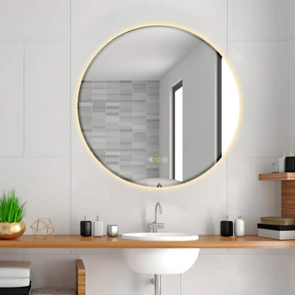 stufurhome NT 28 in. W x 28 in. H Round Frameless Beveled 3 Colors Dimmable LED Anti-Fog Memory Wall Mount Bathroom Vanity Mirror