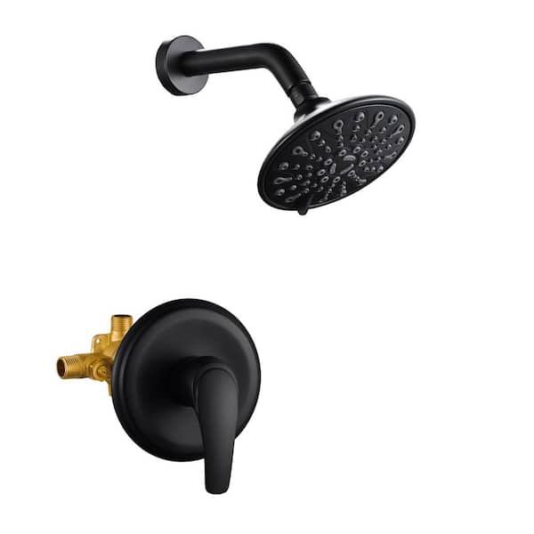 Fapully 6-Spray Patterns with 2.5 GPM 6 in. Wall Mount Rain Fixed Shower Head in Matte Black Valve Included