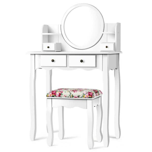 Costway 4-Drawer White Vanity Table Set Cushioned Seat Dressing Furniture with Oval Mirror