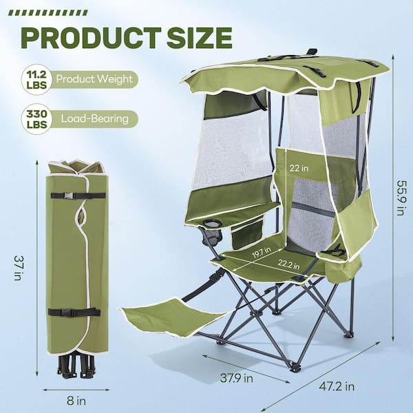 Beach Chair with Canopy Shade and Foot Rest, Portable Folding Beach Loungers Chair with Cooler Bag and Cup Holder, Green