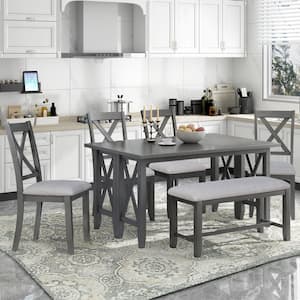 Morden Style 6-Piece Wood Top Gray Foldable Table Dining Room Set with 4-Chairs and Bench