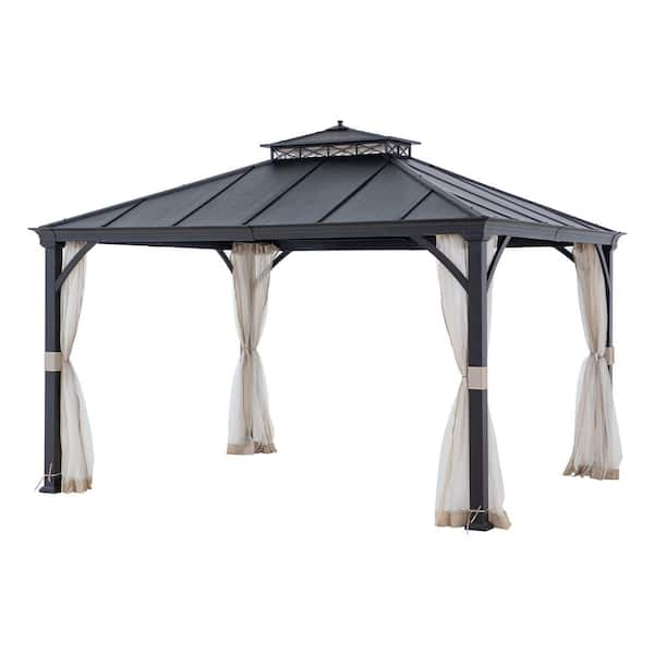 Sunjoy 11 ft. x 13 ft. Black 2-Tier Backyard Hardtop Gazebo with Metal ...