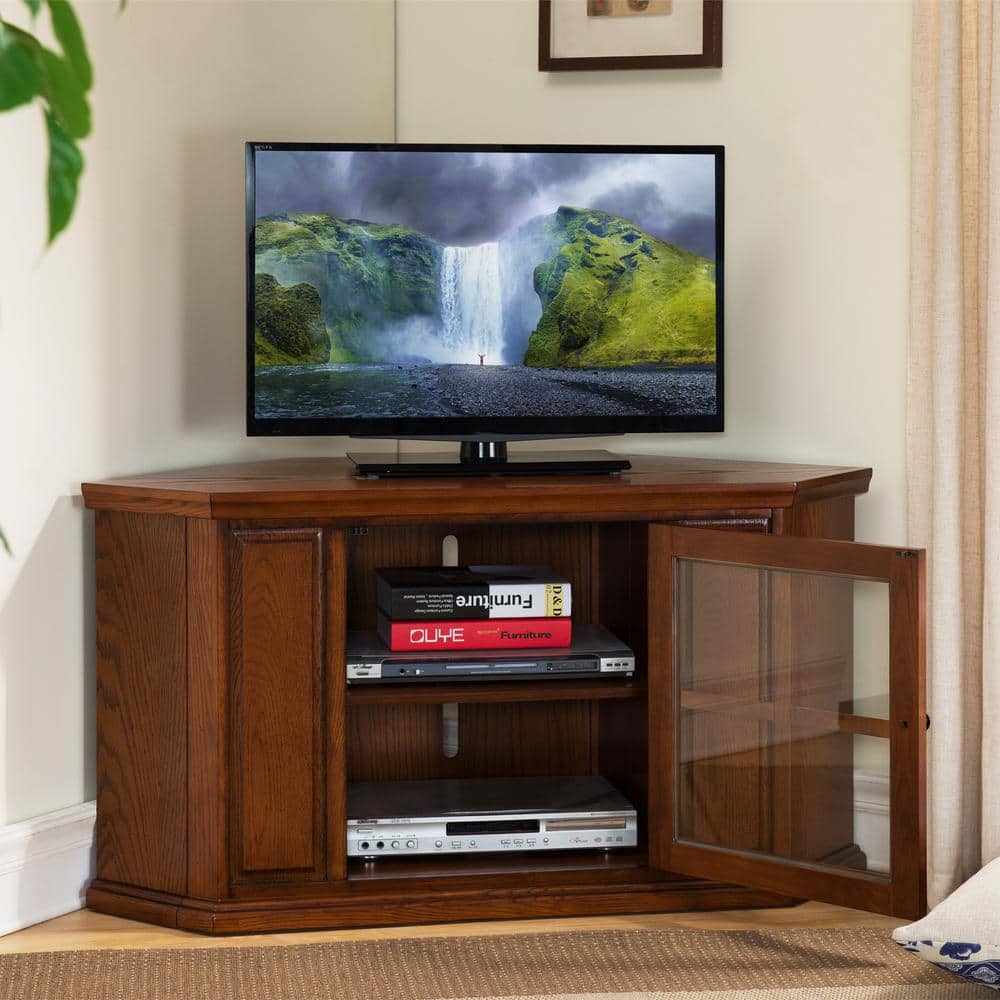 Burnished Oak 47-Inch Corner TV Stand with Glass Cabinet
