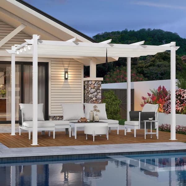 PURPLE LEAF 10 ft. W x 13 ft. D Patio White Aluminum Pergola with White Adjustable Sun Shelter Canopy and Extra Protective Roof