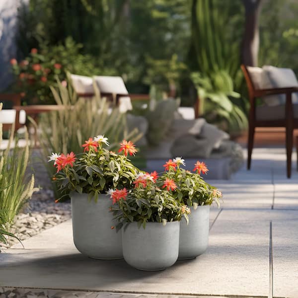 Sapcrete 11.5in., 13.5in., 9.5in. Dia Stone Finish Large Tall Round Concrete Plant Pot / Planter for Indoor & Outdoor Set of 3