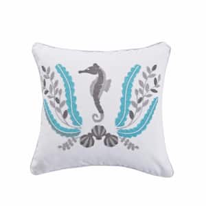 Freeport Grey, Light grey, and Teal Seahorse, Seashells, and Sea Plants Embroidered 18 in. x 18 in. Throw Pillow
