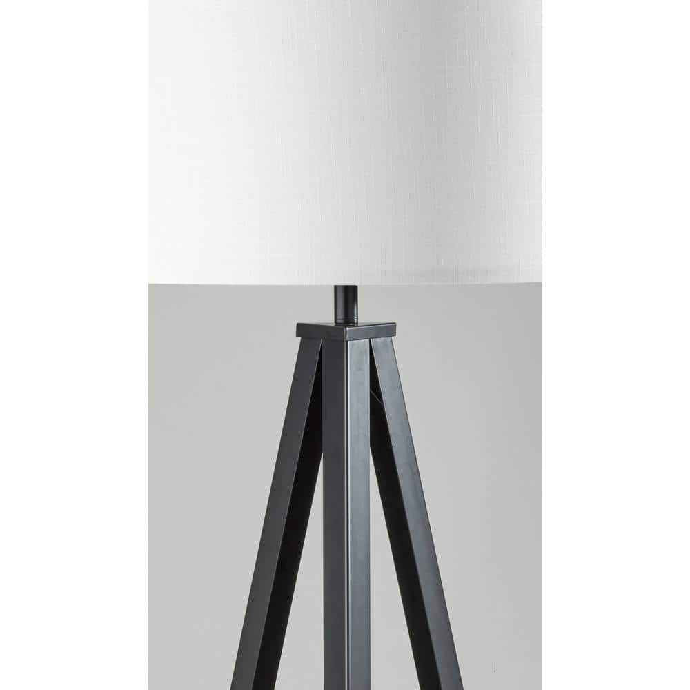 Black Metal Tripod Floor Lamp with Off-White Shade and Shelf