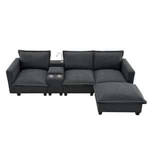 109 in. L-Shaped Chenille Sectional Sofa in. Gray with Console, USB Charging Port & Cup Holder