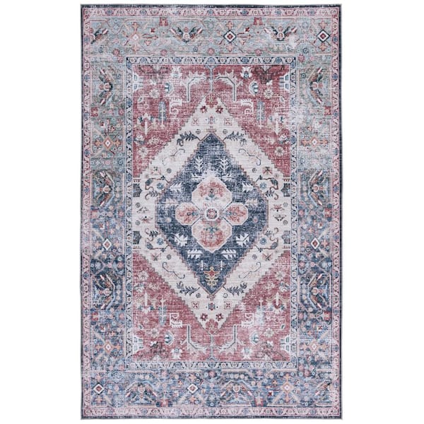 SAFAVIEH Tuscon Rust/Navy 4 ft. x 6 ft. Machine Washable Distressed Medallion Floral Area Rug