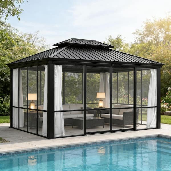 12 ft. x 14 ft. Hardtop Sunroom Gazebo Solarium with Galvanized Steel Double Roof and Solid PC Panel Walls