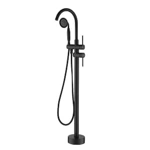 6 GPM 2-Handle Floor Mount Freestanding Tub Faucet with Hand Shower and Built-in Valve in Matte Black