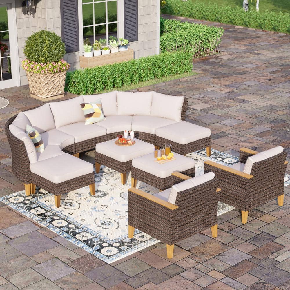 Brown Rattan Wicker 11 Seat 11-Piece Steel Patio Outdoor Sectional Set with Beige Cushions price history on PriceWatchPro
