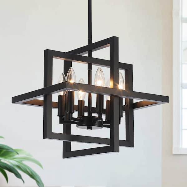6-Light Black Geometric Hanging Linear Candlestick Chandelier Lighting Fixture for Kitchen Island