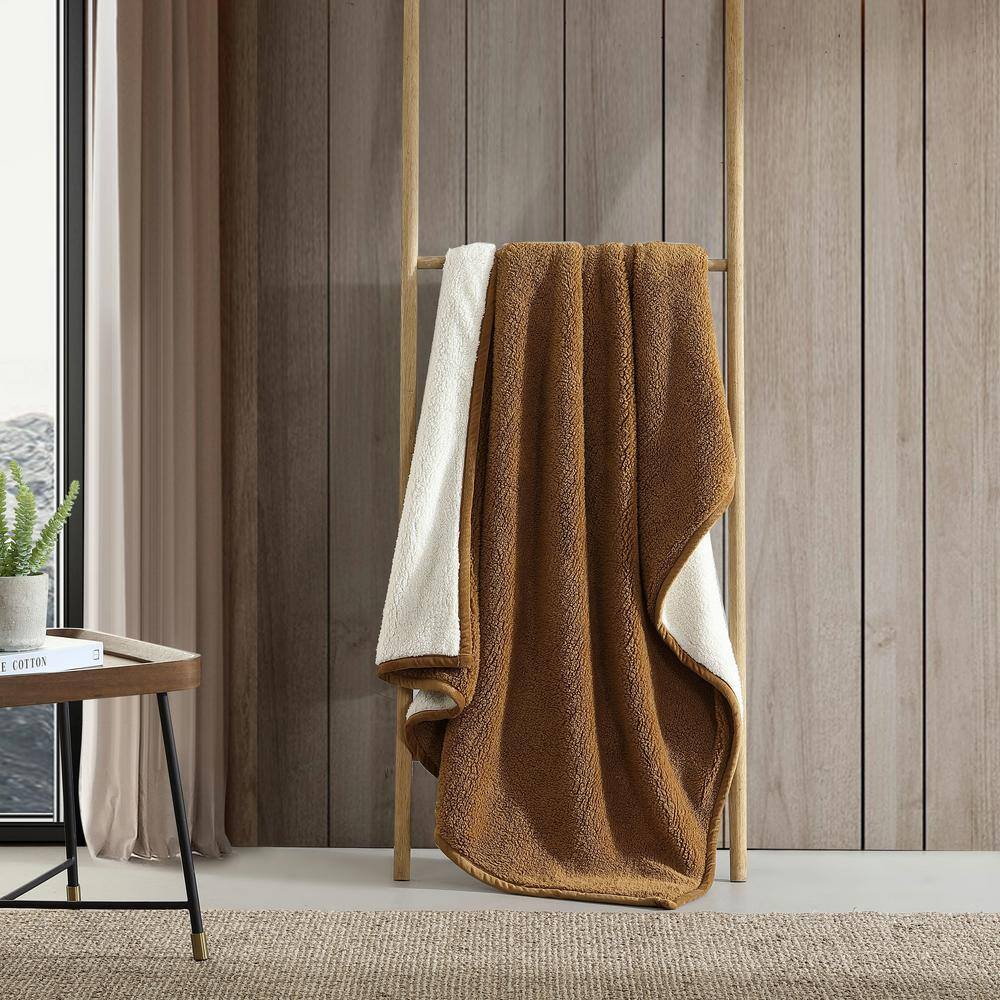 Bi-Colored Brown/Ivory Faux Shearling Reversible Throw Blanket