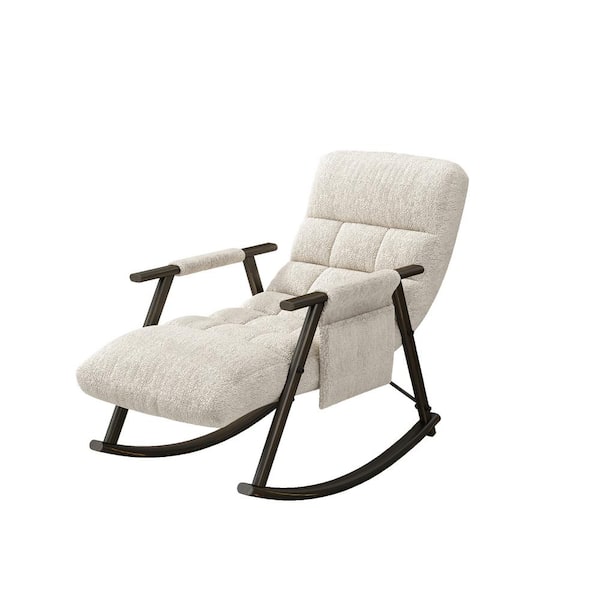 Tenleaf Black Metal Outdoor Rocking Chair with White Cushion, Adjustable High Back, Footrest, Side Pockets