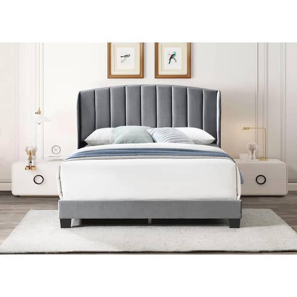 Dwell Home Inc Shelby Silver Gray Velvet Upholstered Frame, Eastern King Platform Bed with Vertical Channel Tufted Wingback Headboard