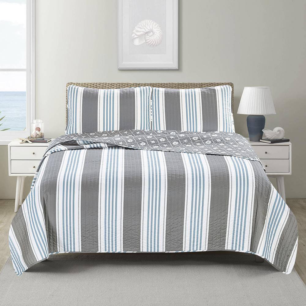 Twin Blue and Gray Reversible Microfiber Quilt Set