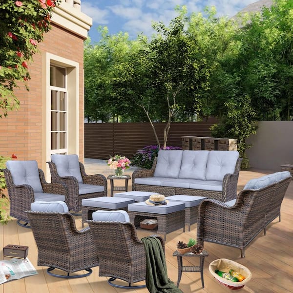 Brown 12-Piece Wicker Patio Conversation Seating Sofa Set Outdoor Rattan Swivel Chairs with Gray Cushions and Ottomans
