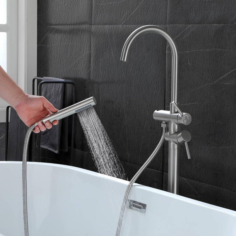 Brushed Nickel Double Handle Freestanding Tub Faucet with Hand Shower