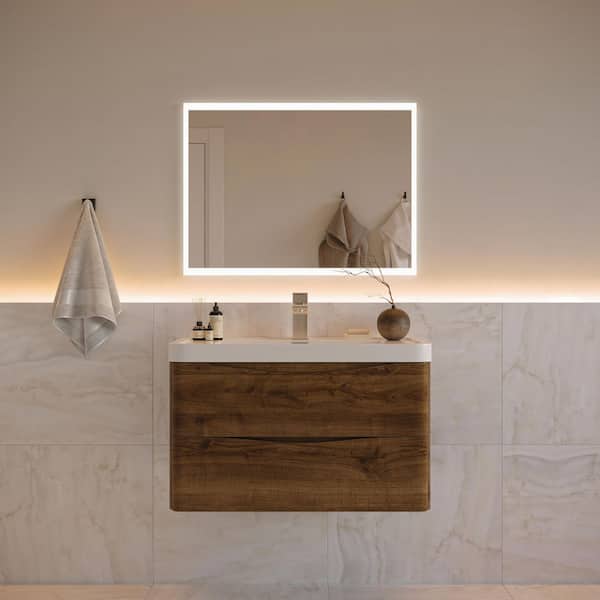 Tuscany 32 in. Modern Wall Hung Vanity in Rosewood with Vanity Top in White with White Basin