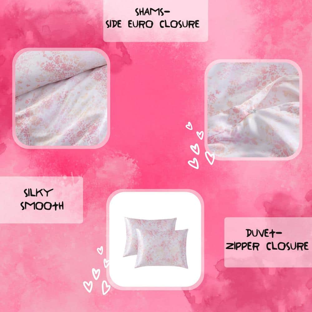 Pink Butterfly Garden Satin Duvet Cover Set with Shams