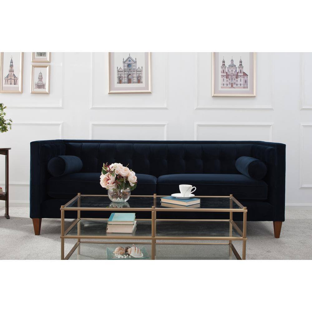 Dark Navy Blue Velvet Tufted Tuxedo Settee with Wood Legs
