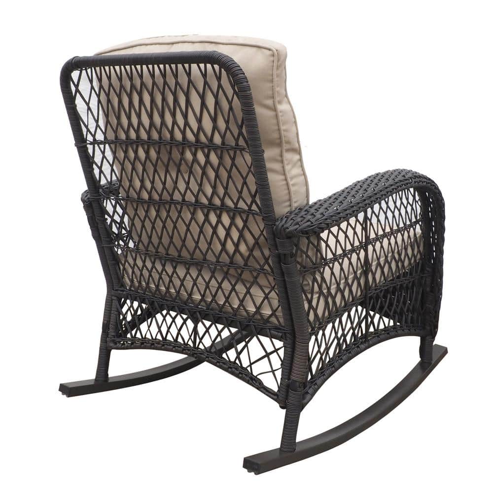 Beige Cushioned Wicker Rocking Armchair with Brown Frame