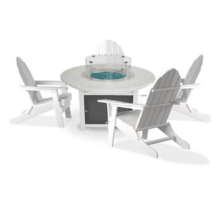 Vail 48 in. White 2-Tone 5-Piece Round Plastic Top Fire Pit Table, Patio Conversation Set with White Folding Chairs