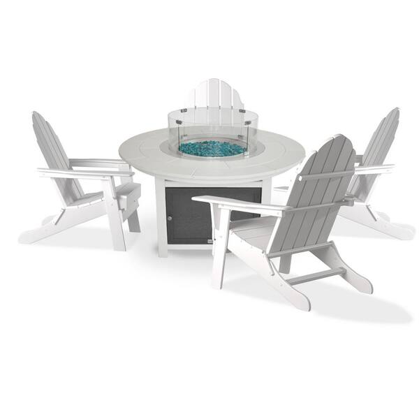 LuXeo Vail 48 in. White 2-Tone 5-Piece Round Plastic Top Fire Pit Table, Patio Conversation Set with White Folding Chairs