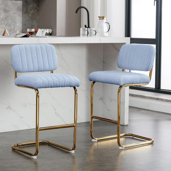 Unbranded 35.83 in. H Blue Bar Chairs Gold Metal Chrome Base Bar Stools, Bar Height Stools