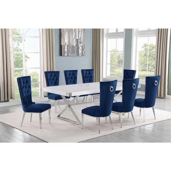 Best Quality Furniture Miguel 9-Piece Rectangle White Wood Top Silver Stainless Steel Dining Set with 8 Navy Blue Velvet Chairs
