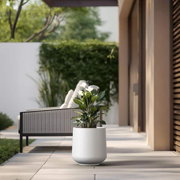 Lightweight 12in. x 13.5in. Crisp White Extra Large Tall Round Concrete Plant Pot / Planter for Indoor & Outdoor