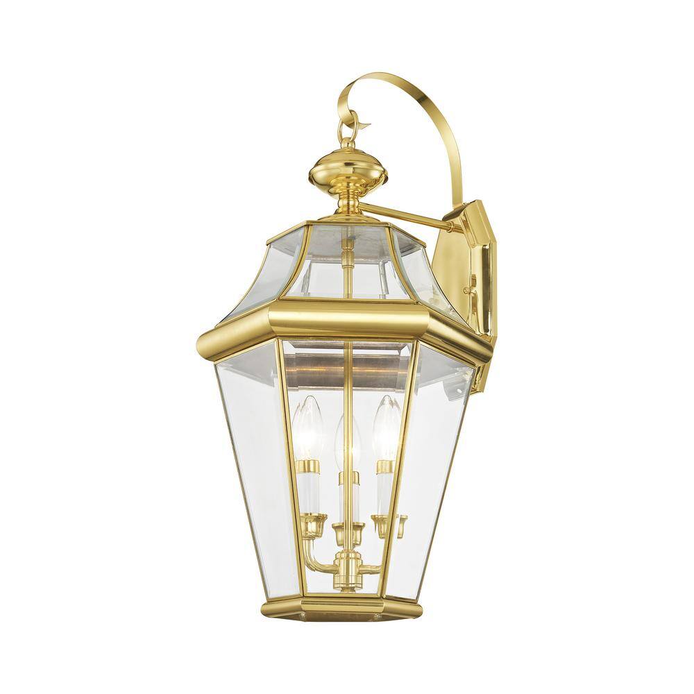 Polished Brass 3-Light Outdoor Wall Lantern with Clear Glass
