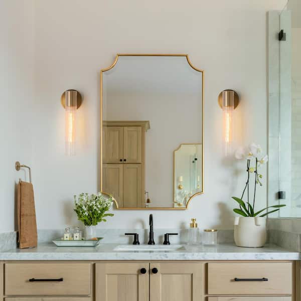 12.2 in. 1-Light Modern Brass Cylinder Wall Sconce with Ribbed Glass Shade