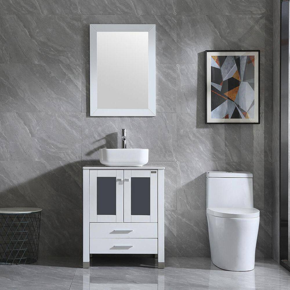 24 in. Single Ceramic Rounded Square White Sink Freestanding White Bath Vanity with White Solid Surface Top and Mirror price history on PriceWatchPro