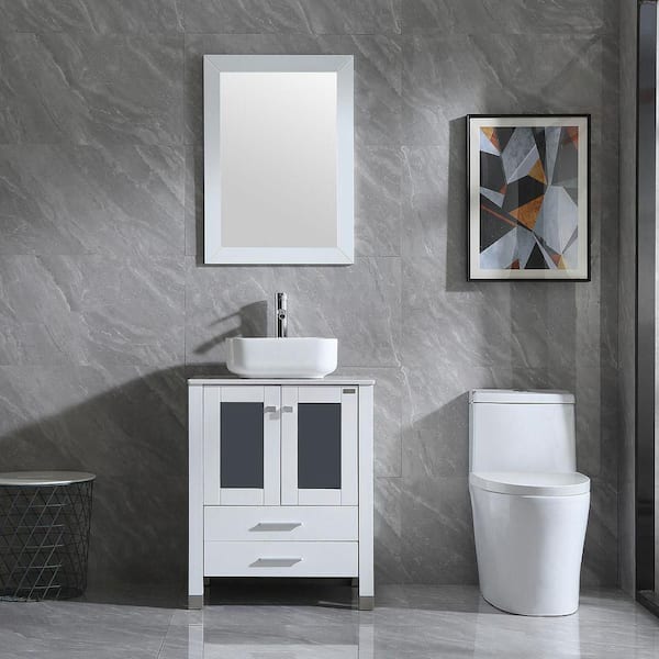 Wonline Wonline 24.5 in. W x 21.7 in. D x 61 in. H Single Sink Bath Vanity in White with Glass Top and Mirror