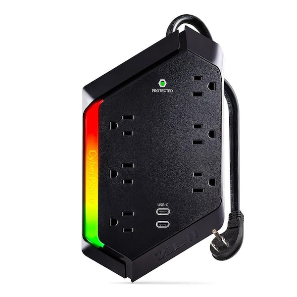 6-Outlet RGB Surge Protector with 2 USB-C Charge Ports, 4 ft. Cord, 2400 Joules, Black