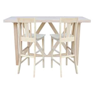 3-Piece Set -72 in. Solid Wood Unfinished Bar Table with 2-Bar Stools