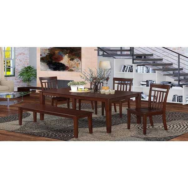 East West Furniture 6-Piece Rectangle Cappuccino Finish Solid Wood Top Dining Table with 1 Bench, 4 Chairs with Lattice Back