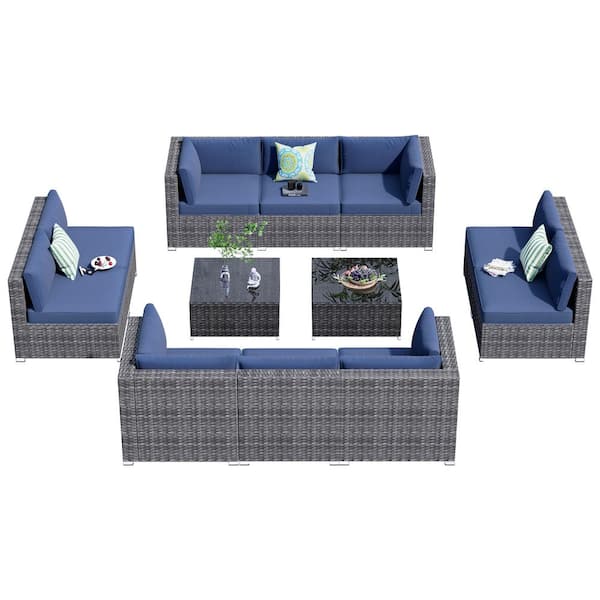 HOOOWOOO Messi Gray 12-Piece Wicker Outdoor Patio Conversation Sectional Sofa Set with Denim Blue Cushions