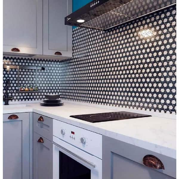 Black and White 11.7 in. x 11.9 in. Hexagon Polished Glass Mosaic Floor and Wall Tile (10-Pack) (9.67 sq. ft./Case)