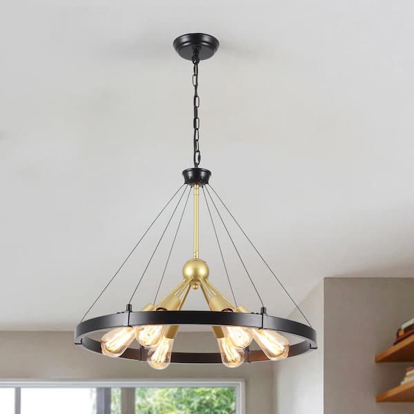6-Light Black and Spray Gold Circle Wagon Wheel Chandelier Sputnik Linear Chandelier for Dining Room Kitchen Island