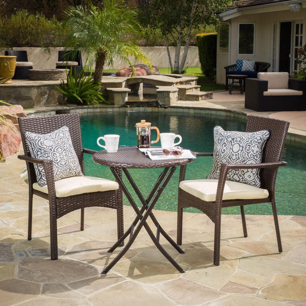 3-Piece Wicker Foldable Outdoor Bistro Set for Patio, Deck, Garden, with Wa