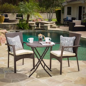 3-Piece Wicker Foldable Outdoor Bistro Set for Patio, Deck, Garden, with Water-Resistant Cushions, Brown Multi