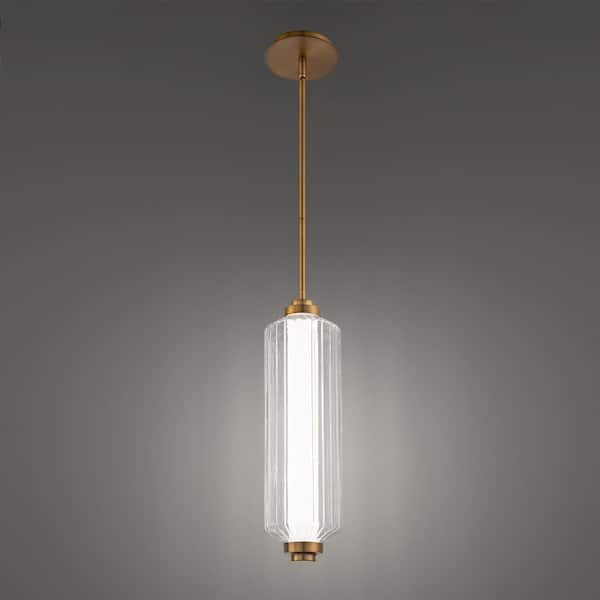 Portos 1-Light Aged Brass Integrated Pendant Light with Ribbed Glass Shade 4CCT