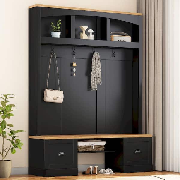Harper & Bright Designs Black 4-in-1 Hall Tree with Wood Grain Bench and Top, 4 Black Hooks, 2 Storage Cabinet, Adjustable Shelf